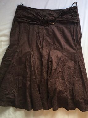 Brown A-Line Eyelet Skirt with Double-Ring Waist Detail